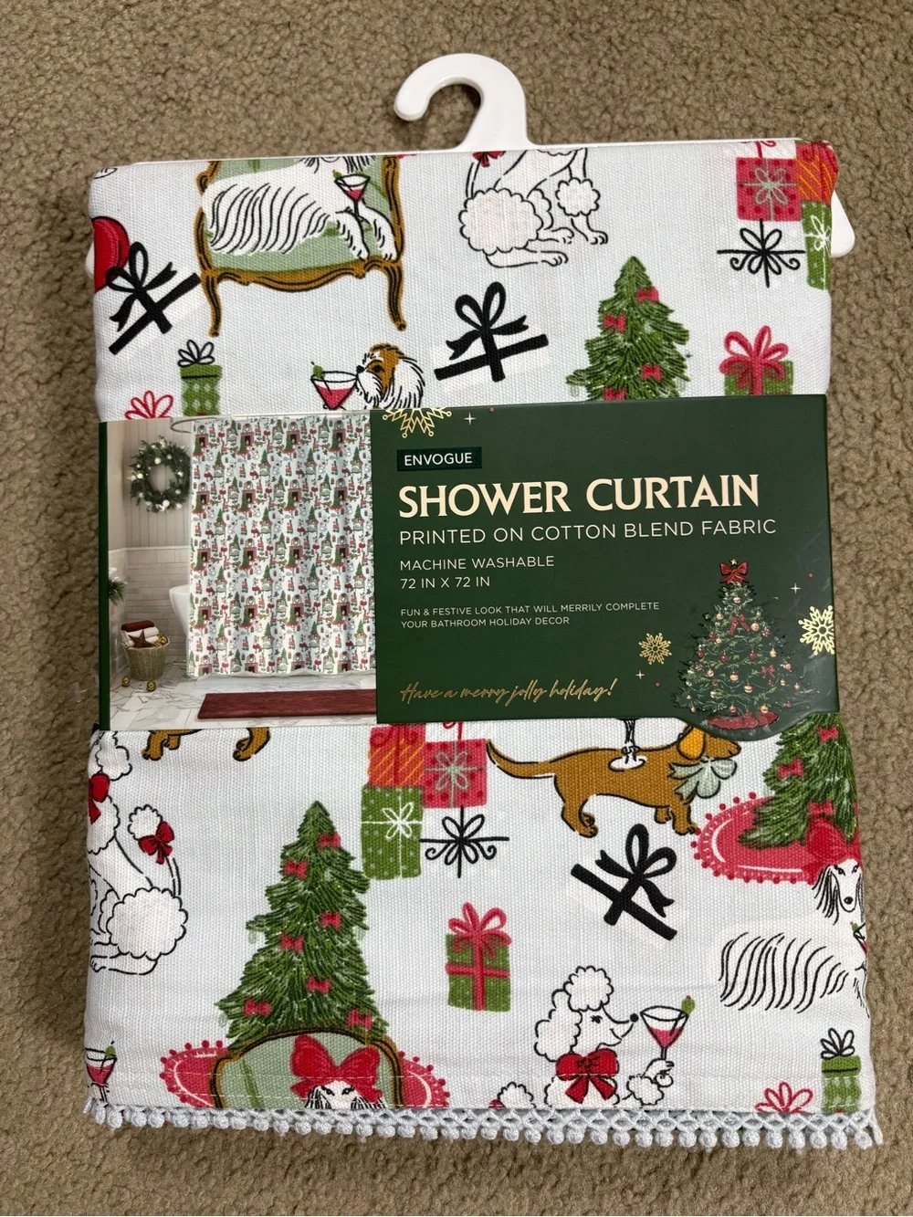 Envogue White Shower Curtain with Red & Green presents, dogs, presents, poodles